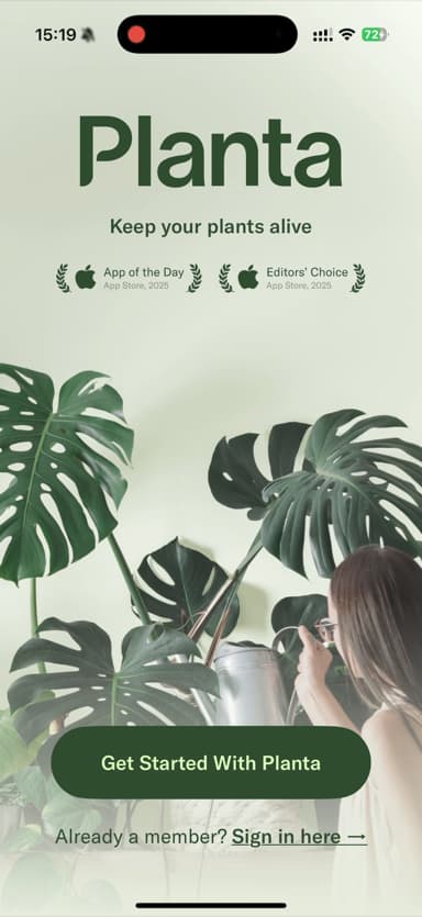 Planta åbningsskærm med pris-badges