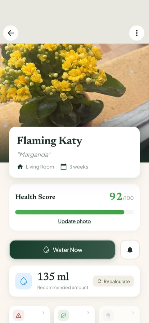 Salvestatud taim Bloomis, mis näitab oma Health Score'i ja vajalikku veekogust