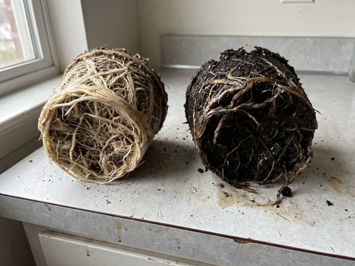 Duas raízes de planta de vaso lado a lado: à esquerda raiz saudável branca e firme, à direita raiz apodrecida escura e encharcada