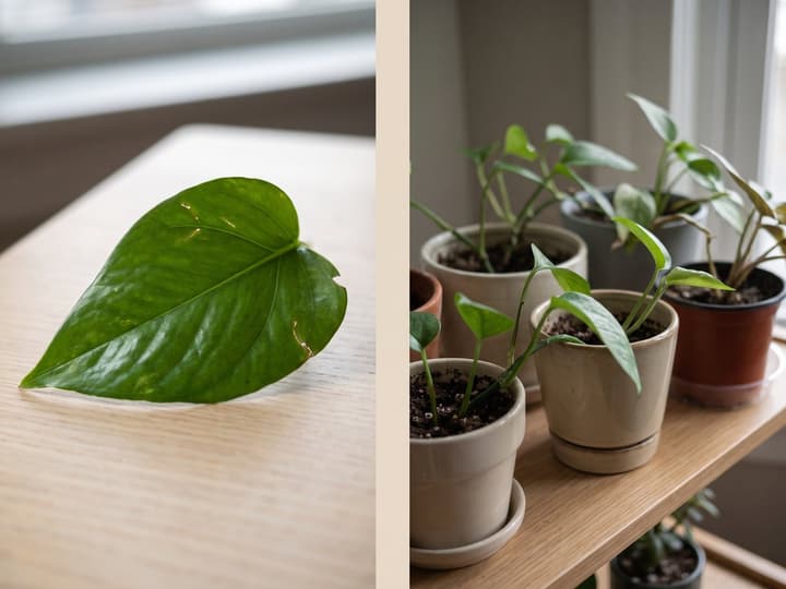 Comparação de enquadramento para identificar planta por foto: à esquerda uma única folha de jiboia isolada sobre a mesa, à direita várias plantas amontoadas numa prateleira