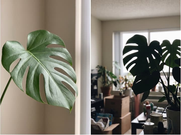 Comparing a good photo and a bad photo for plant identification: a single focused leaf against a plain wall versus an entire backlit plant in a window