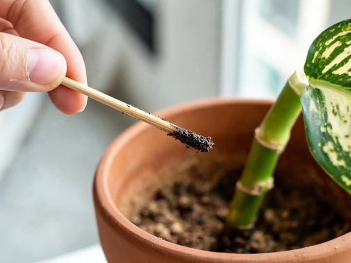 A wooden skewer pulled from dumb cane potting mix, showing damp dark soil clinging to the tip with the rest clean