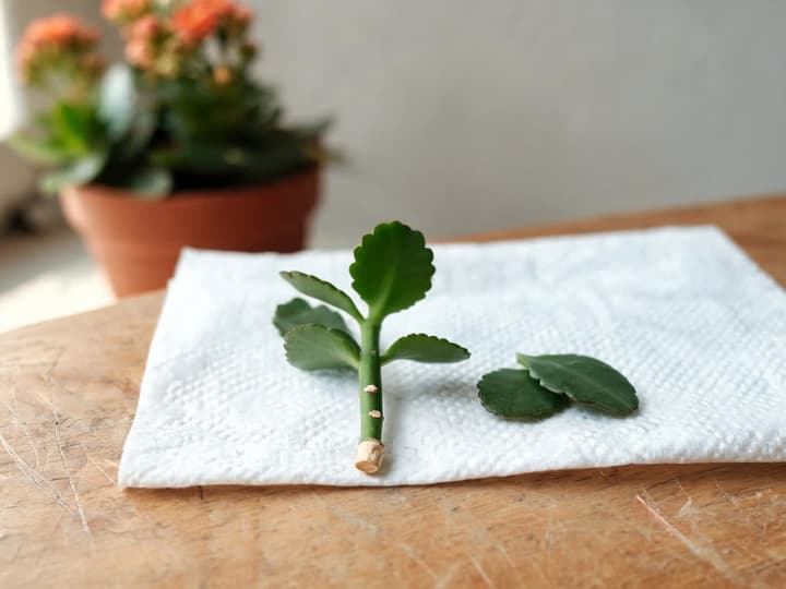 Kalanchoe-Steckling von 6 cm Länge mit zwei oberen Blattpaaren, kahl am unteren Stängelende und angetrockneter Schnittstelle