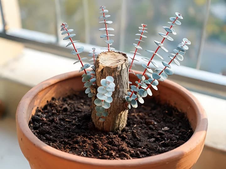 Eucalipto in vaso dopo la potatura raso terra, con getti a foglia rotonda che spuntano dal ceppo
