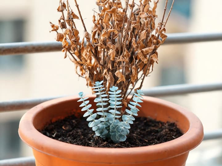 Eucalyptus in pot na de vorst, met een afgestorven bovenkant vol bruine verdroogde bladeren en nieuwe scheuten met ronde blauwgrijze blaadjes die vanuit de basis vlak bij de aarde opkomen