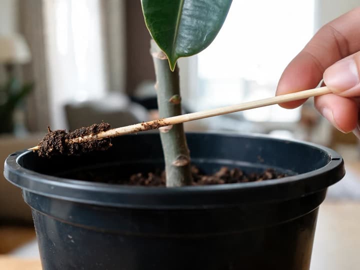 Spiedino da barbecue appena estratto dalla terra di un ficus elastica, con terra umida e scura attaccata sulla punta e il resto dello spiedino pulito