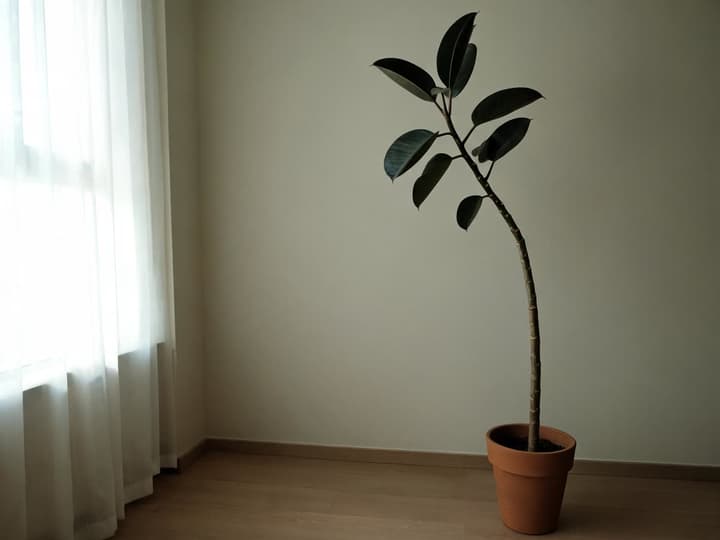 Tall rubber plant in a pot, with a bare stem on the lower half and leaves only at the top, near a window