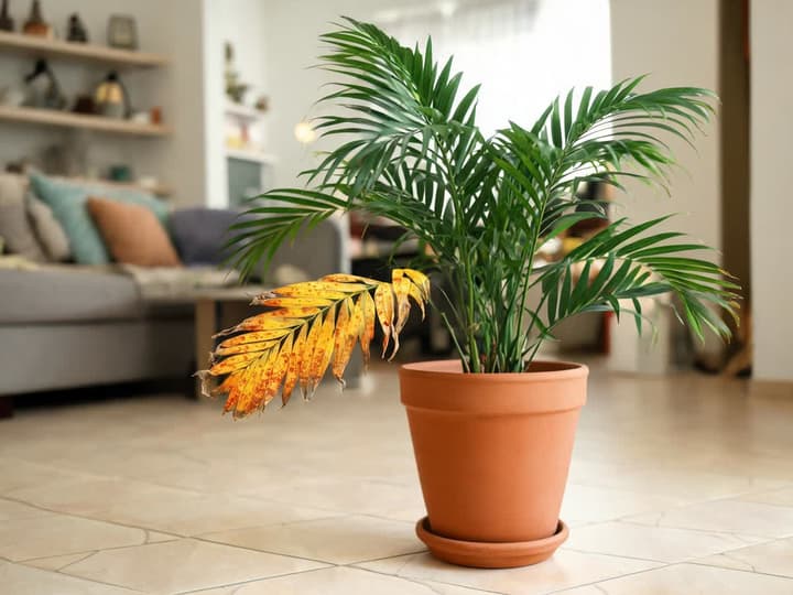 Potted palm with the lowest frond yellowing, showing orange spots and dry tips, while the upper fronds remain green