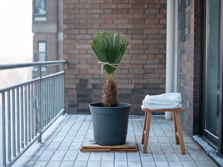 Winterharde palm in pot op een balkon tijdens een vriesochtend, met samengebonden waaierbladeren en de kuip rustend op een houten plank