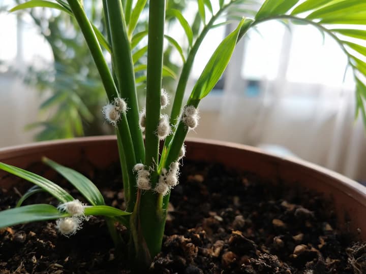 Pragas da palmeira em vaso: cochonilha-farinhenta, tufos brancos de cera com filamentos nas junções dos caules, perto da terra