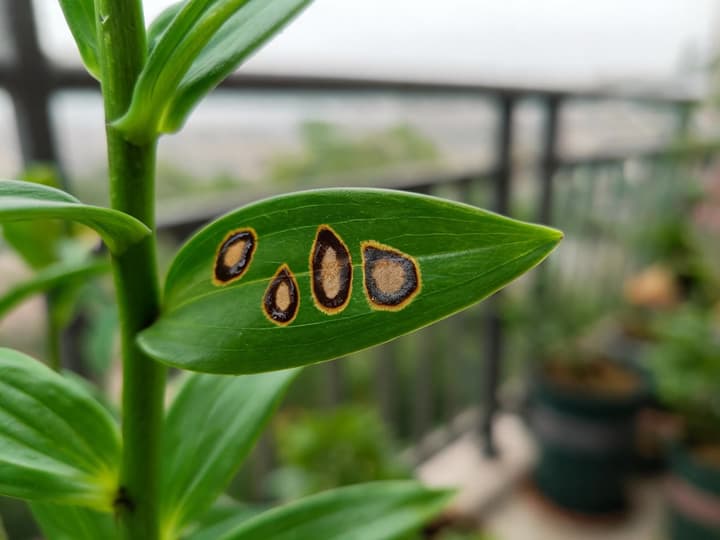 Lily leaf with four teardrop-shaped brown spots, lighter in the center, each with a thin yellow margin, and the rest of the leaf green