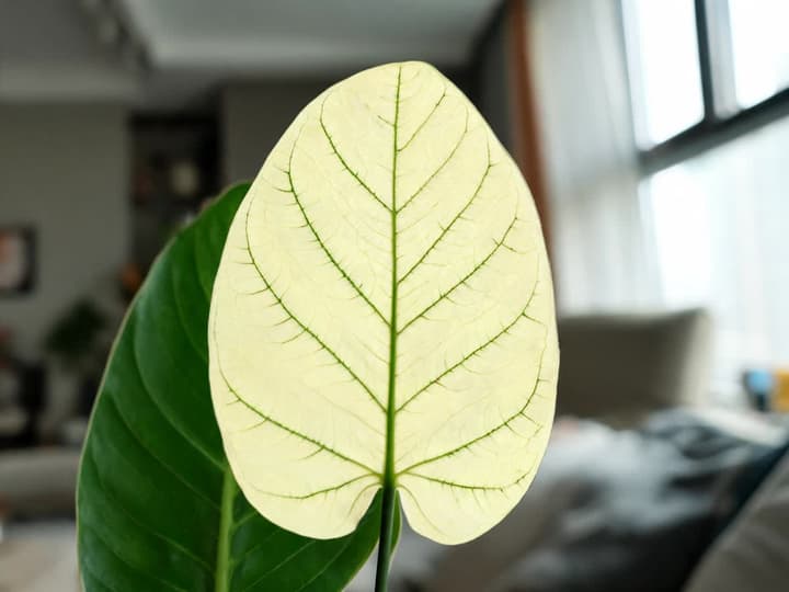 Indoor plant leaf with chlorosis: pale leaf blade and still-green veins, next to a healthy green leaf