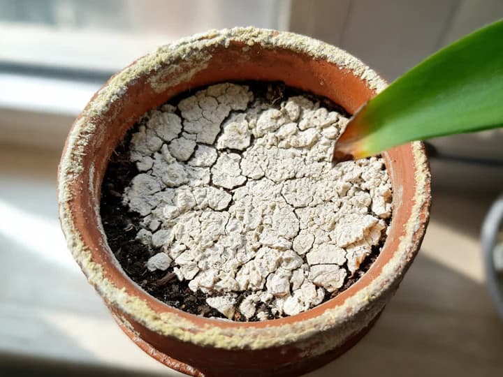 Crosta branca de sal de adubo rachada sobre a terra do vaso e subindo pela borda do vaso de barro