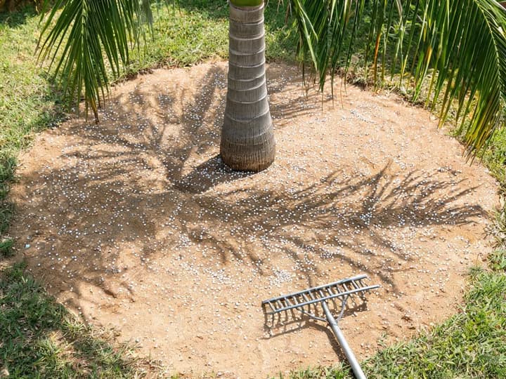 Adubo granulado espalhado por igual sobre a terra em todo o círculo sob a copa de um coqueiro no quintal, sem acúmulo junto ao tronco