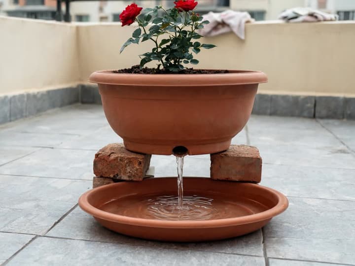 Rozes pods uz balkona, pacelts uz diviem ķieģeļiem, ūdens tek ārā pa apakšējo caurumu un ieplūst paliktnī