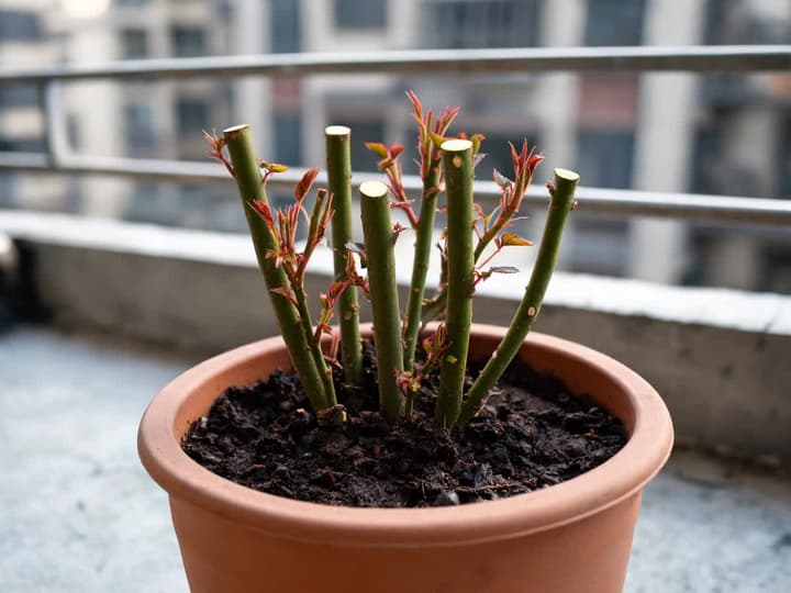 Roseira podada em vaso de terracota com brotações novas avermelhadas saindo dos ramos cortados