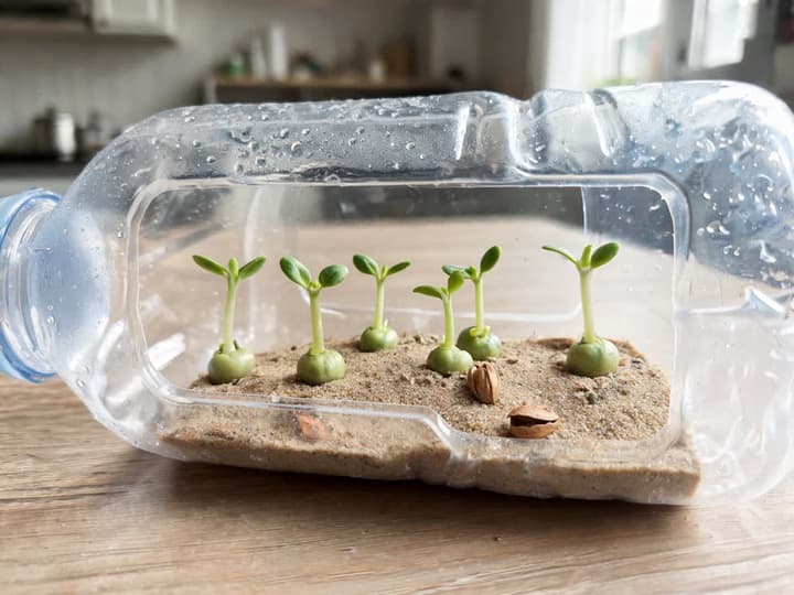 Piantine di rosa del deserto in germinazione dentro una bottiglia di plastica orizzontale