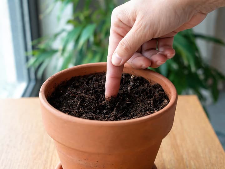 Finger inserted about an inch into the soil of a terracotta pot to test moisture before watering