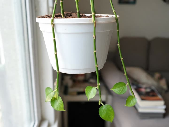 Pothos in vaso sospeso con fusti spogli vicino alla base e foglie piccole solo sulle punte