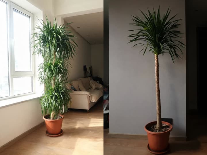 Two dracaenas of the same height in identical pots, one next to the window with leaves from top to bottom and another in a dark spot in the room with leaves only at the top and a bare stem below