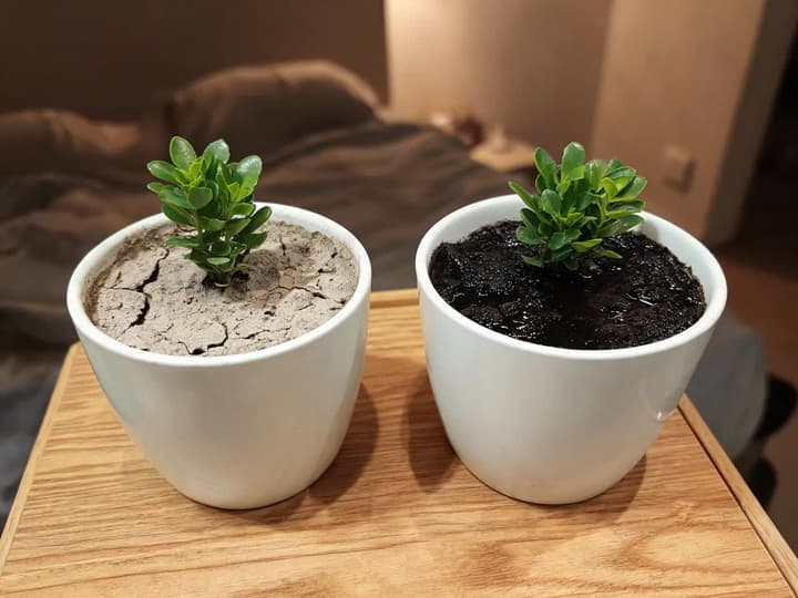 Two identical plants in ceramic pots on a bedside table, the left one with light dry soil on the surface and the right one with dark waterlogged soil
