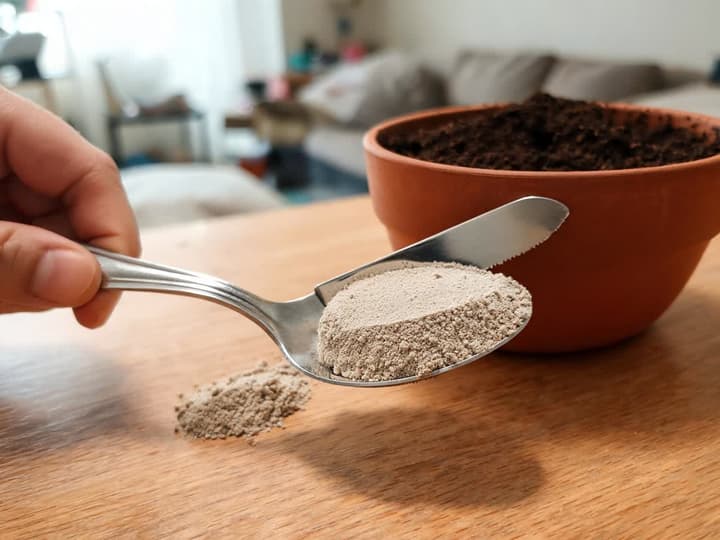 Level tablespoon of bone meal for plants, scraped flat with the back of a knife, beside the rim of a container