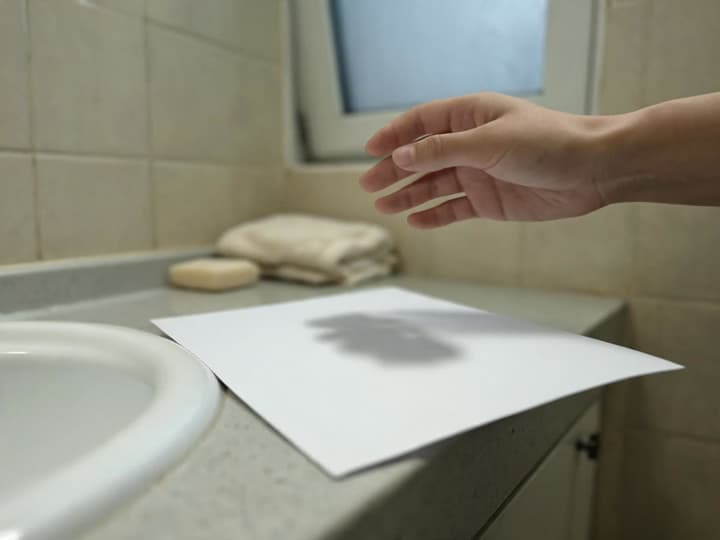 Faint, blurry shadow of a hand over a sheet of white paper on a bathroom vanity with a small window