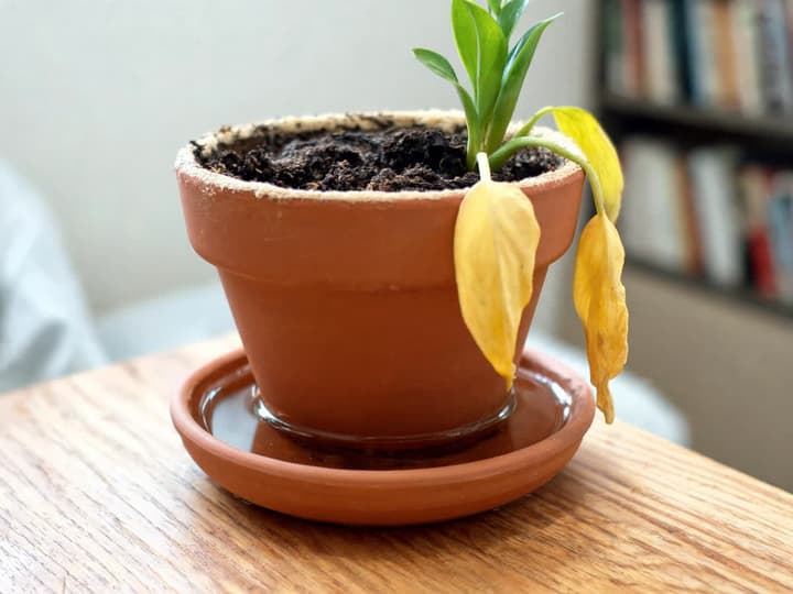 Vaso di terracotta con acqua stagnante nel sottovaso e le due foglie inferiori gialle e cascanti, il sintomo più tipico di troppa acqua in una pianta facile da curare