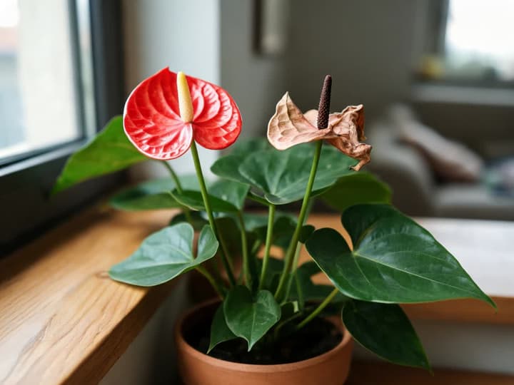 Anthurium on a windowsill with a bright red spathe next to an old, dry brown spathe still attached to its stalk