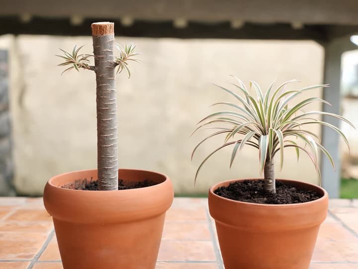 Drácena tricolor cortada: a la izquierda, el tallo que quedó en la maceta con dos brotes nuevos justo debajo del corte; a la derecha, la punta cortada plantada en una maceta más pequeña
