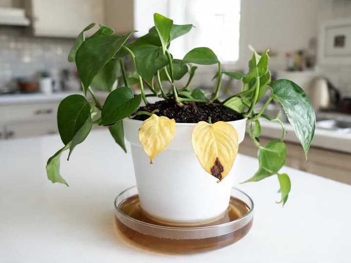 Philodendron hederaceum met gele en slappe bladeren onderaan, doorweekte potgrond en een schotel vol stilstaand water onder de pot