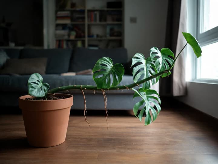 Monstera without a moss pole, leaning over the pot edge toward a window, displaying loose aerial roots and small, solid top leaves
