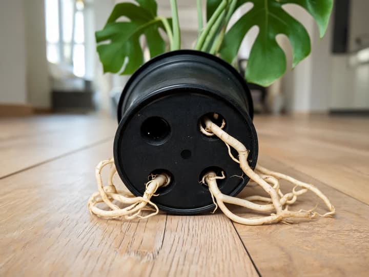 Svart plastpotte liggende på gulvet med tykke monstera-røtter som stikker ut av hullene i bunnen