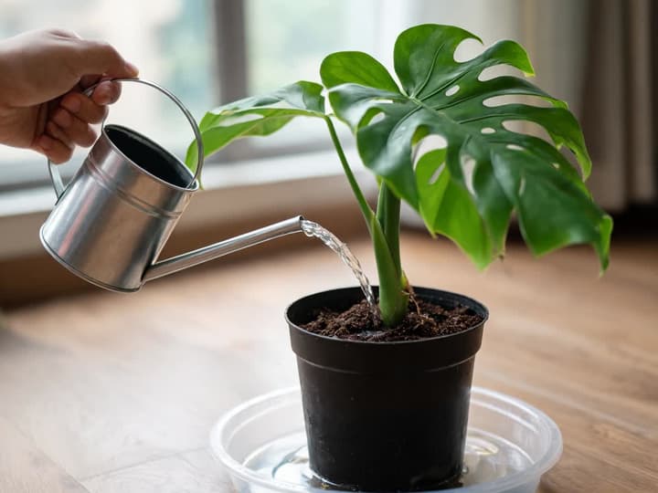 Hånd som heller vann fra en vannkanne med smal tut på jorden til et vindusblad, like ved stilken, med litt vann som allerede har samlet seg i den gjennomsiktige underskålen under potten