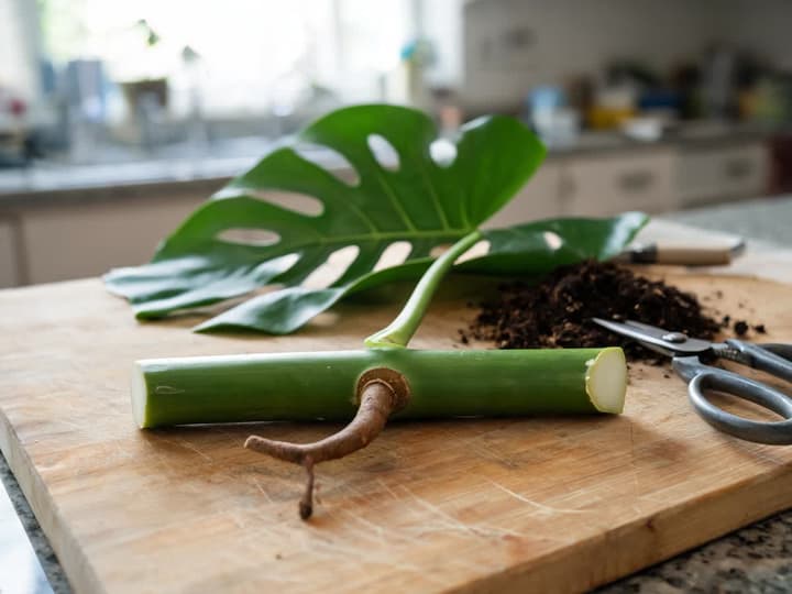 Esqueje de costilla de Adán sobre una tabla: el nudo a la mitad del tallo, el pecíolo de la hoja saliendo de él y una raíz aérea café del otro lado