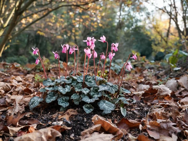 Vedbendbladet alpeviol med små lyserøde blomster og grønne blade marmoreret med sølv, voksende i et skyggefuldt bed under træer