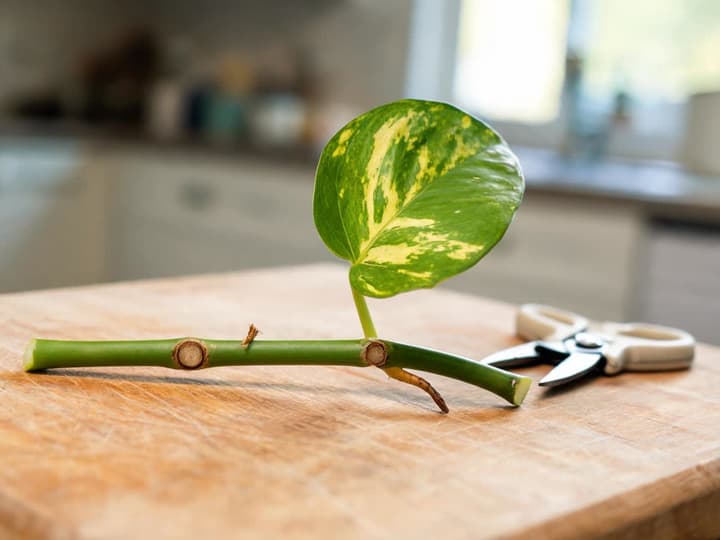 Stikling af guldranke med to knuder på et skærebræt ved siden af en beskæresaks: fra den højre knude udgår stilken til et grønt og gult blad samt en kort, brun luftrod; den venstre knude har intet blad