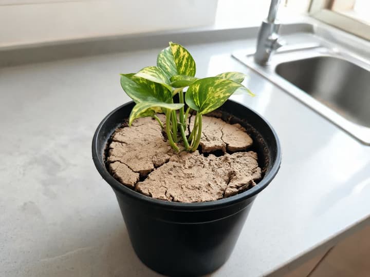 Jiboia dourada num vaso preto com a terra seca, clara e rachada, solta da parede do vaso por um vão escuro em volta da borda