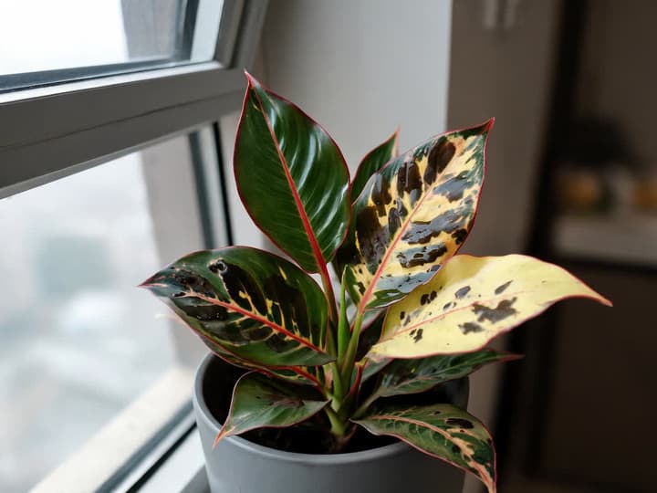 Foglie mediane di un'aglaonema rossa con macchie scure dall'aspetto untuoso tra la nervura centrale e il bordo, una di esse già ingiallita, mentre le foglie giovani al centro sono intatte, vicino a una finestra