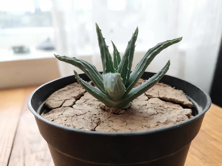 Thirsty aloe vera: thin leaves, creased lengthwise and curling inward, in a plastic pot with dry, cracked soil