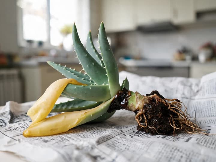 Aloe vera with rot out of the pot, lying on newspaper: the base of the outer leaves, near the stem, is dark brown, shiny, and waterlogged, two outer leaves are yellow and drooping, the roots are brown and thin, and the center leaves remain green and firm