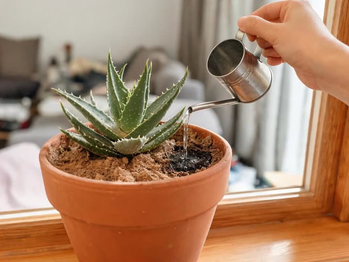 How to water aloe vera: narrow-spout watering can wetting the soil near the rim of a terracotta pot with aloe vera, next to a window