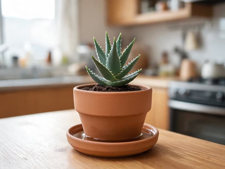 Terracotta pot with aloe vera sitting on a shallow saucer with a thin layer of clear water