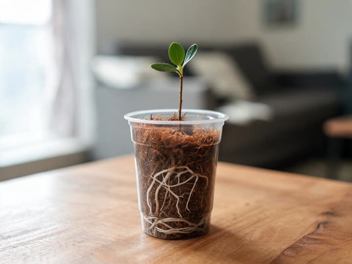 Azalea cutting in a clear plastic cup with coconut coir, with white roots visible through the cup wall