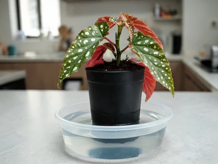 Begonia maculata in a black plastic pot resting inside a clear basin with water covering the bottom of the pot