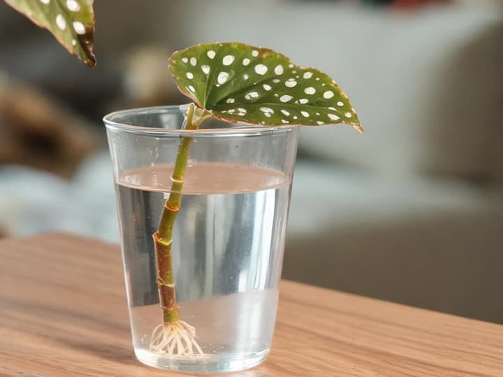 Begonia maculata cutting in a small glass of water, stripped of its lower leaves, with short white roots growing from the submerged node