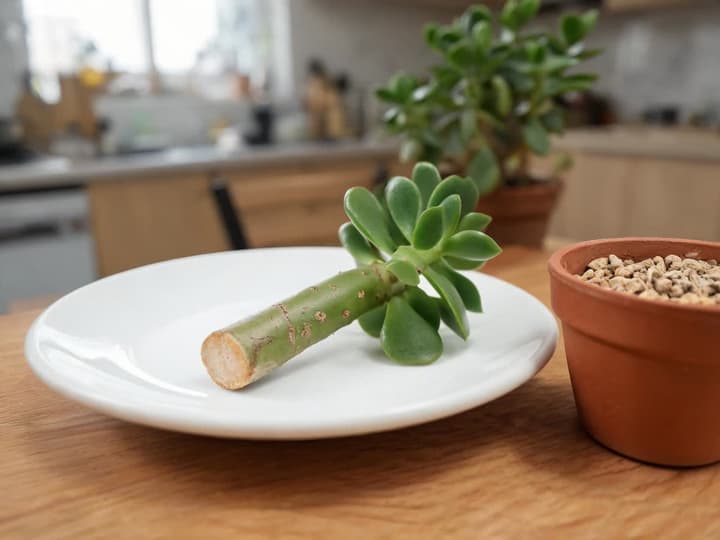 Jade cutting with a dried cut end, lying on a plate next to a small pot with soil, before planting