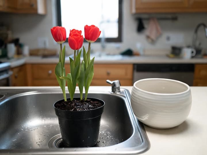 How to water potted tulips: a plastic pot with blooming red tulips resting inside a kitchen sink with moist soil, beside an empty white cachepot