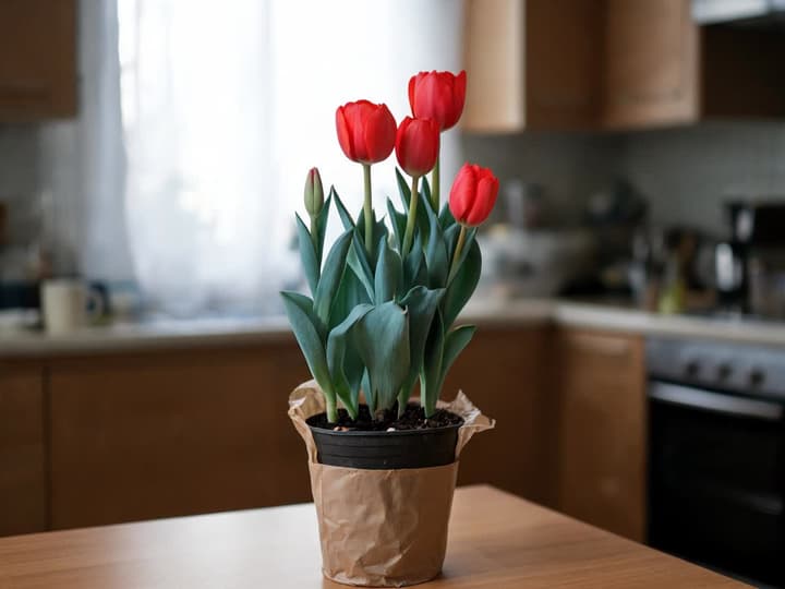 Potted red tulip bought at a flower shop, wrapped in kraft paper, on the kitchen table, a few steps from a curtained window