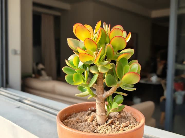Jade plant in a terracotta pot in the sun, with top leaves turning yellow and orange with red edges and bottom leaves green, all firm and smooth